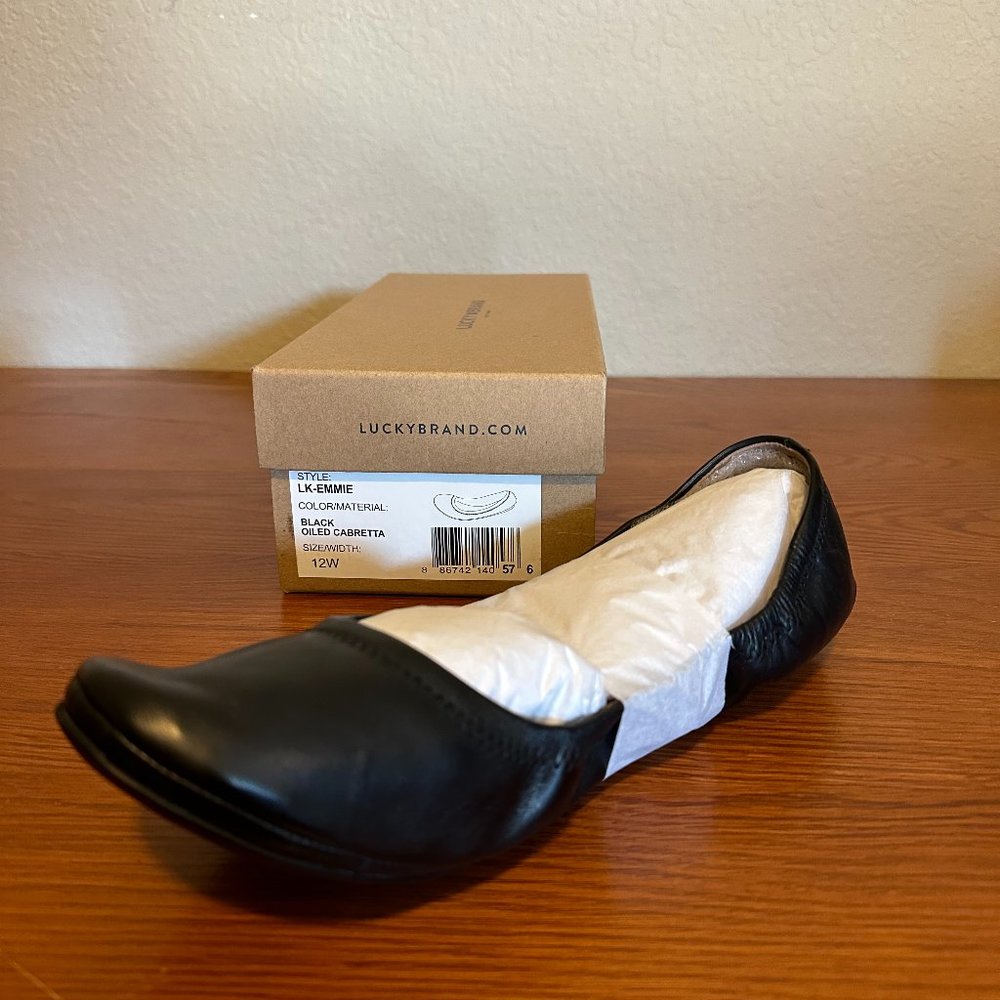 Lucky Brand Leather Emmie Ballet Flat Size 12 W Wide Black  *NEW*